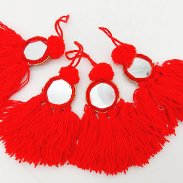 Mirrored Red Wool Tassels, Red Pompom Mirror Tassel, Handmade Latkan Boho